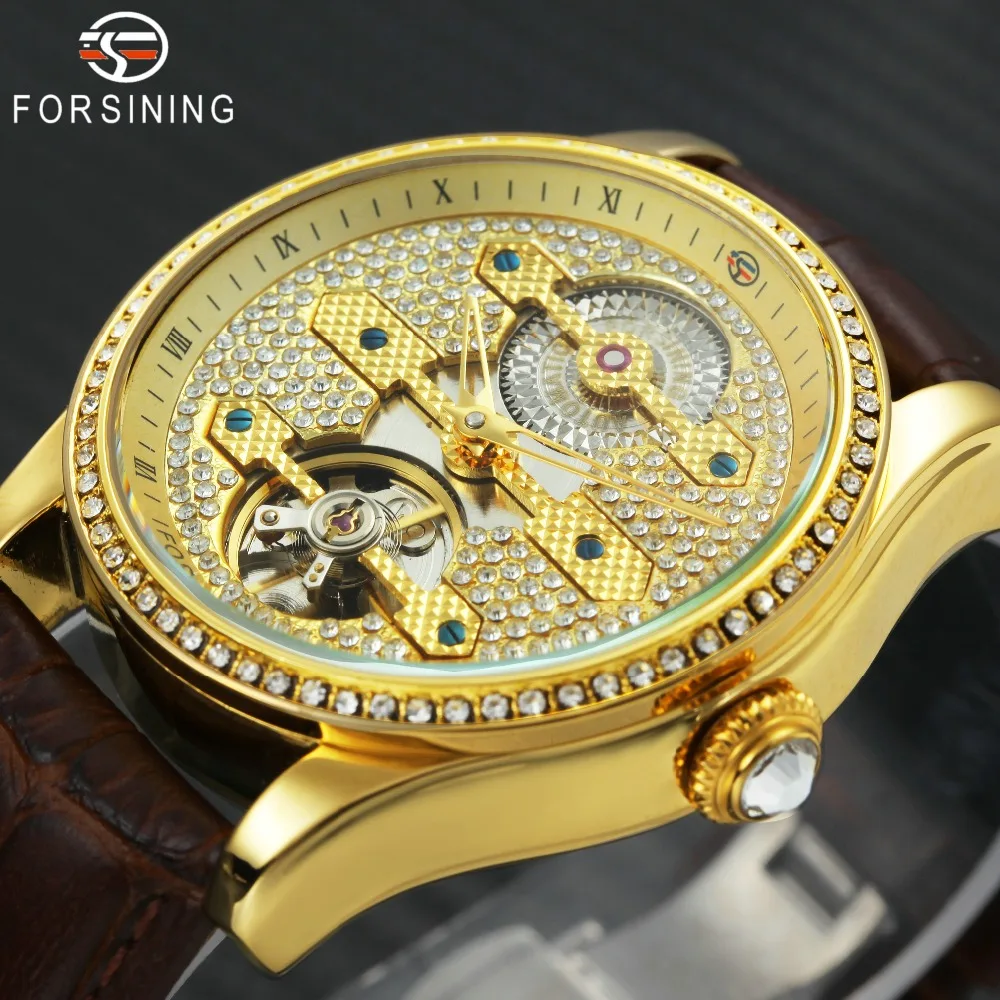 FORSINING Tourbillon Мужские часы Топ бренд класса люкс кристалл Iced Out дизайн кожаный