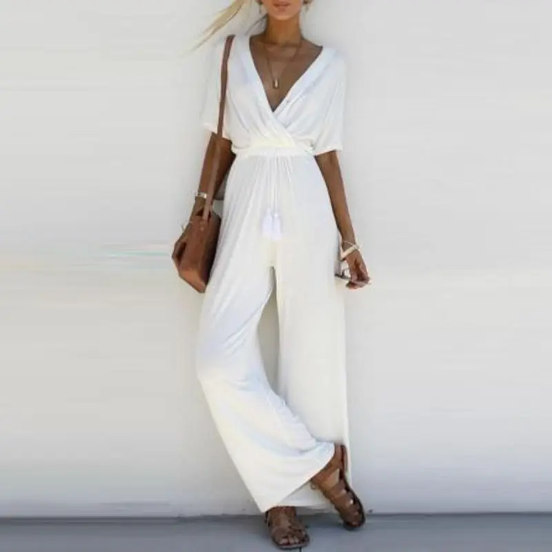 

New Fashion Women's Sexy Solid Slim Short Sleeve V-neck Bodycon Jumpsuit Romper Trousers Clubwear
