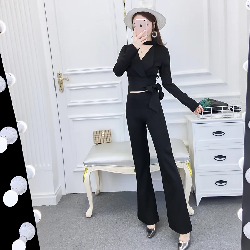 Фото 2018 Spring and Autumn new style Korean temperament neck long-sleeved suit was thin wide leg bell-bottoms fashion ladies suits Женская 2018 Spring and Autumn new style Korean temperament neck long-sleeved suit was thin wide leg bell-bottoms fashion ladies suits Женская