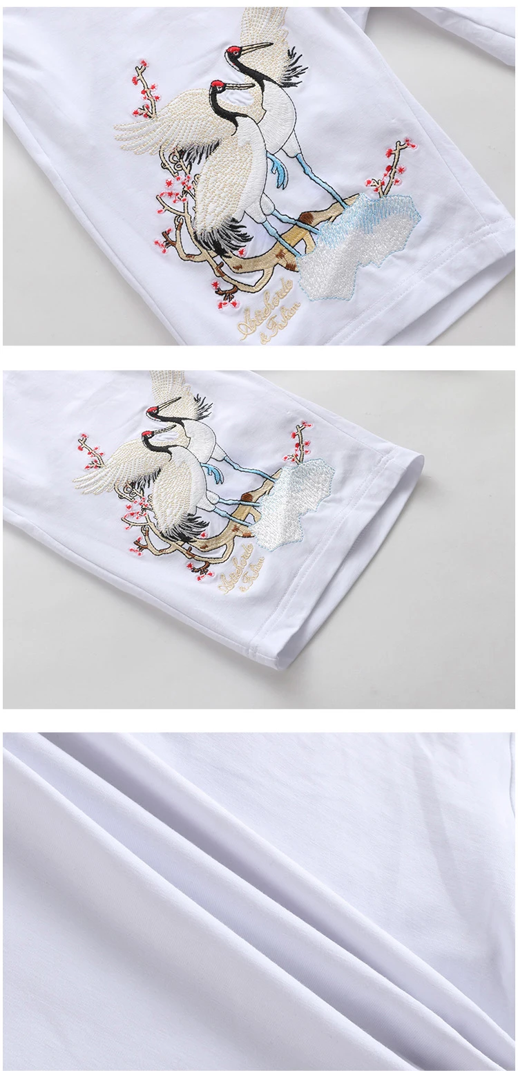 Новые модные летние шорты комплекты Для мужчин s Повседневное Crane Embroidery костюмы для Для мужчин китайский Стиль костюм с принтом Футболка+ брюки M-5XL