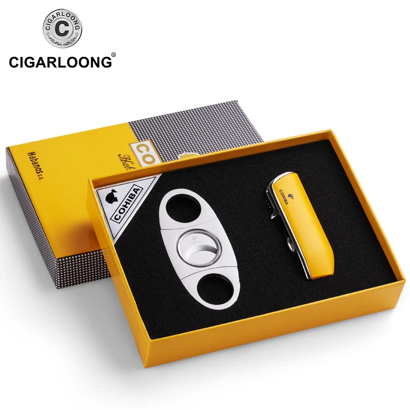 COHIBA металлическая ветрозащитная мини-карманная зажигалка для сигар 3 реактивного синего пламени зажигалки для сигарет с подарочной коробкой для сигарет с резцом