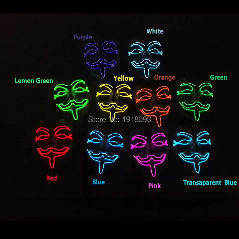 

Светящаяся Маска Вендетта на Хэллоуин, 10 цветов, светящаяся маска el wire, светящаяся Праздничная Новинка, светящаяся светодиодная маска для вечеринки, карнавала