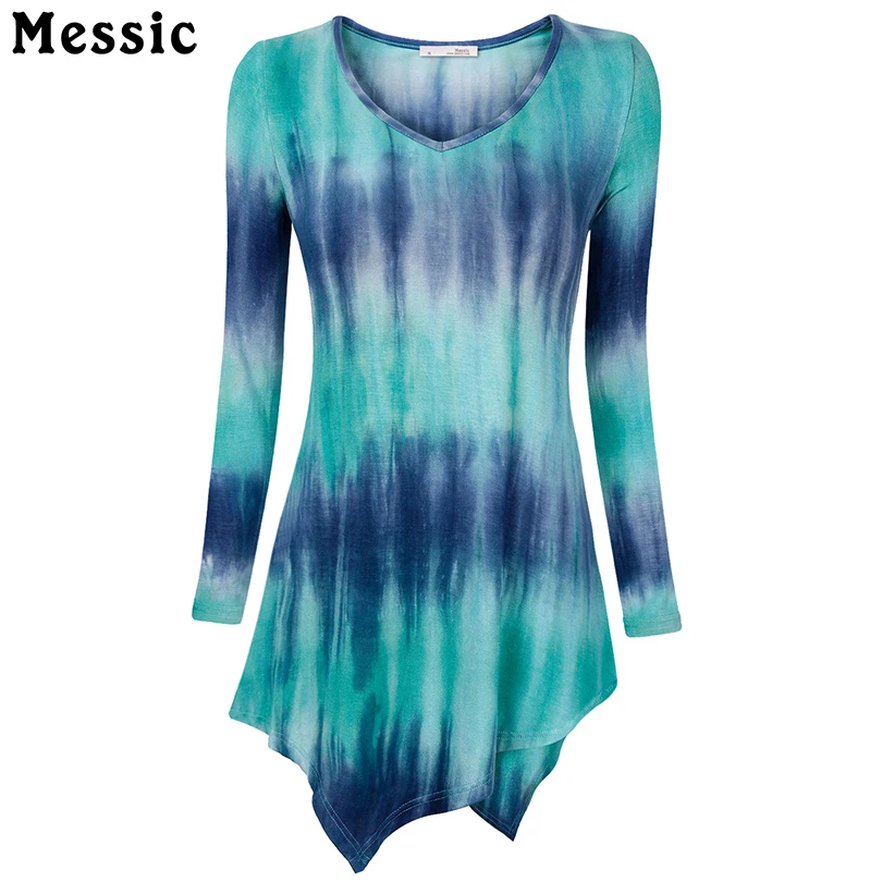 Messic платок линия низа Для женщин рубашка с длинными рукавами Tie-Dye Вязание длинная