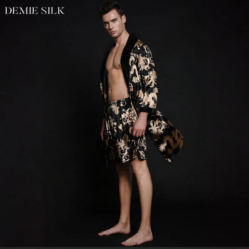 Demiesilk Мужская Имитация шелковый халат комплекты из двух предметов с длинными