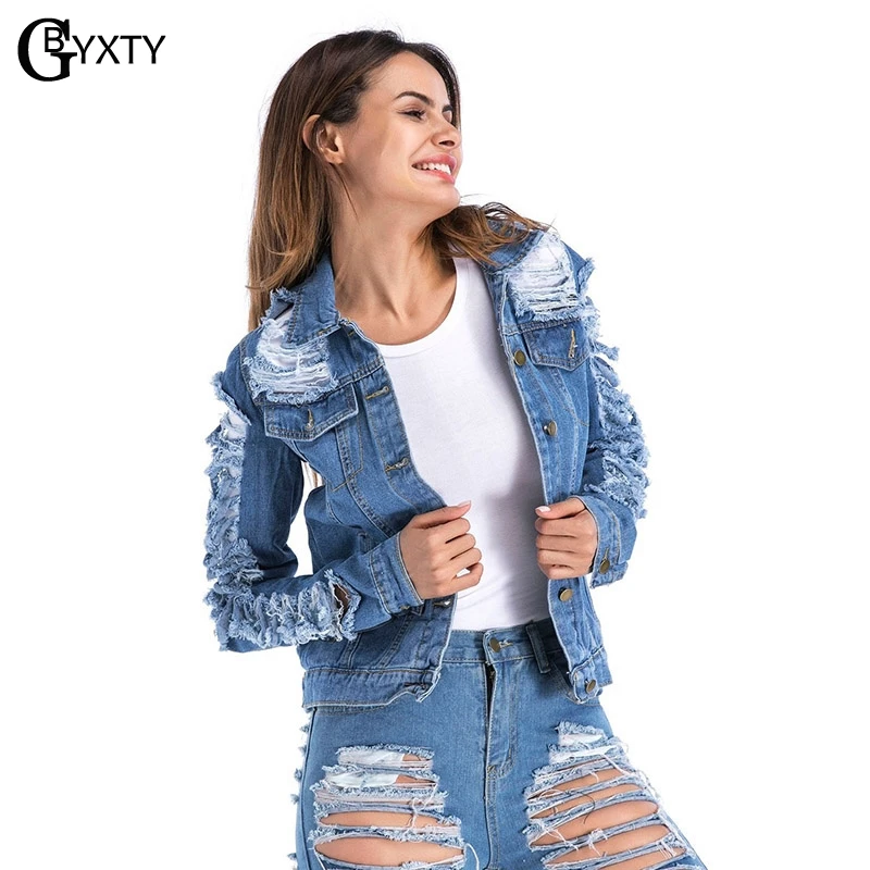 GBYXTY veste en jean femme manche longue Женская винтажная рваная джинсовая куртка с длинным