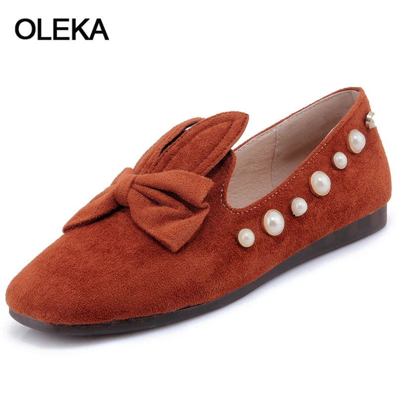 Oleka 2018 Newest Women Flats Square Toe Bow Tie Female Shoes Pearl Woman Plus Size 30-44 Black Red AC117 | Обувь