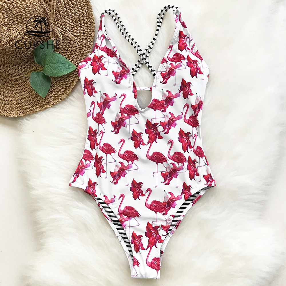 Слитный купальник CUPSHE Flamingo Free To Fly женский с глубоким треугольным вырезом на