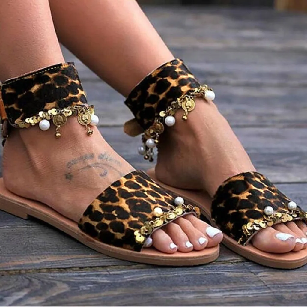 Fashion Women RomanLeopard Metal Rhinestone Ankle Strap Buckle Retro Sandals low heel sandals for women2019 new | Обувь
