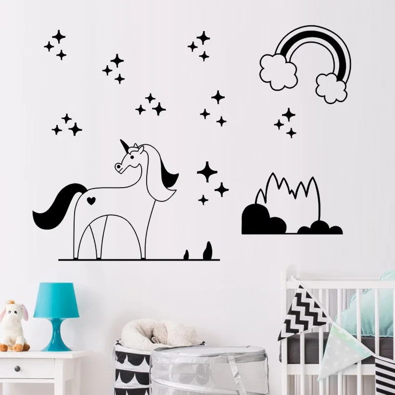 Милые наклейки на стену с изображением единорога и радужных звезд креативные