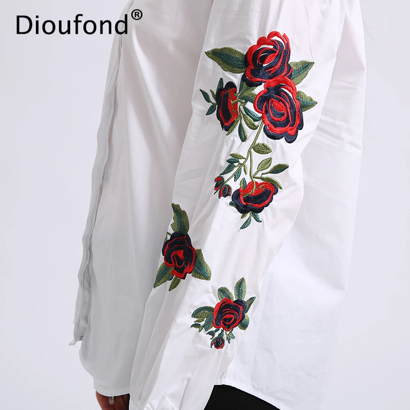 Женская блузка Dioufond белая или темно синяя офисная с длинным рукавом и жемчугом на