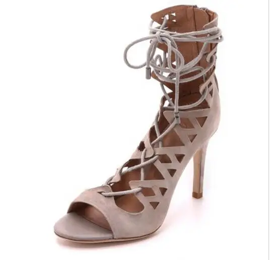 2017 Summer Beige Suede Leather Fashion Cross-Tied Thin High Heels Peep Toe Zipper Lace-Up New Sexy Women Dress Sandals Big Size | Обувь