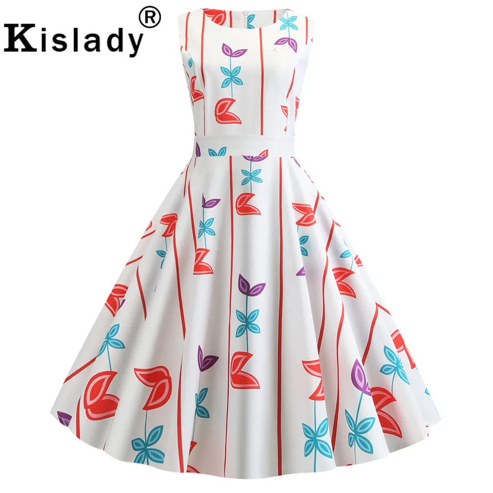 50s 60s Summer Women's Floral Print Vintage Dress Butterfly Sleeveless OL Swing Party Sexy Hepburn Beach Vestidos | Женская одежда
