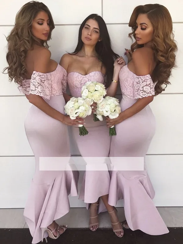 

Hi Low Cheap Bridesmaid Dresses Under 50 Mermaid Off The Shoulder Lace Long Wedding Party Dresses For Women