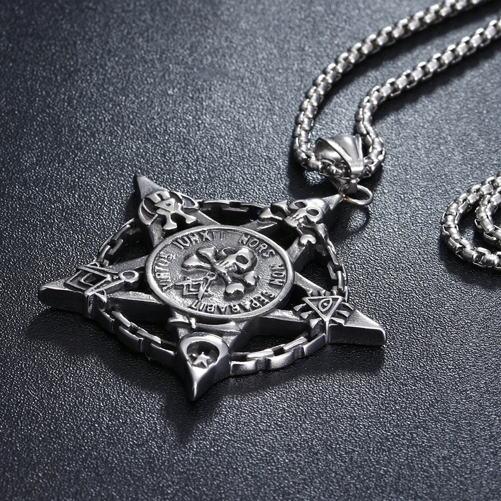 Мужская цепочка с подвеской череп Pentacle Moon Star Masonic Magic Titanium пентаграмма из