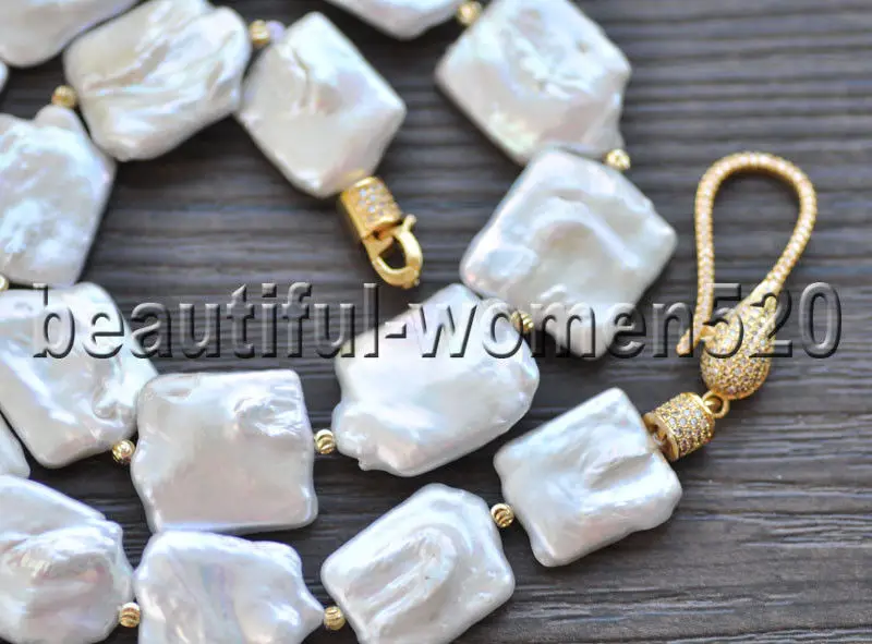 

Z9091 Lustre 22mm White Square Coin Keshi Pearl Necklace CZ 19inch