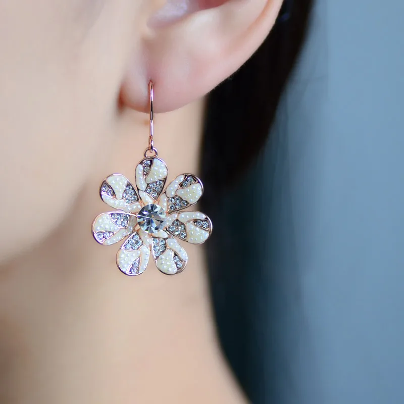 Neoglory Austria Rhinestone &amp Simulated Pearl Drop Earrings Rose Gold Color Exquisite Flower Style For Women Trendy Classic | Украшения