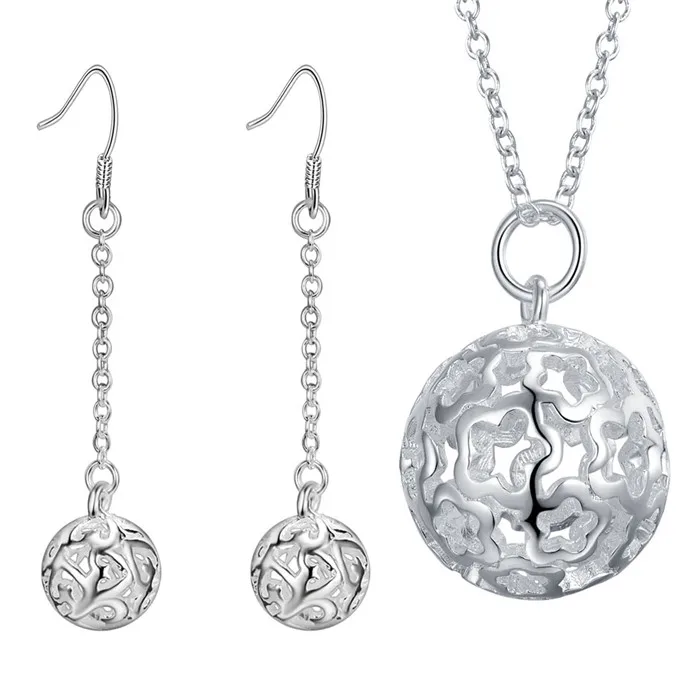 Продвижение серебряные Ювелирные наборы ожерелье серьги мяч 18 дюймов для женщин