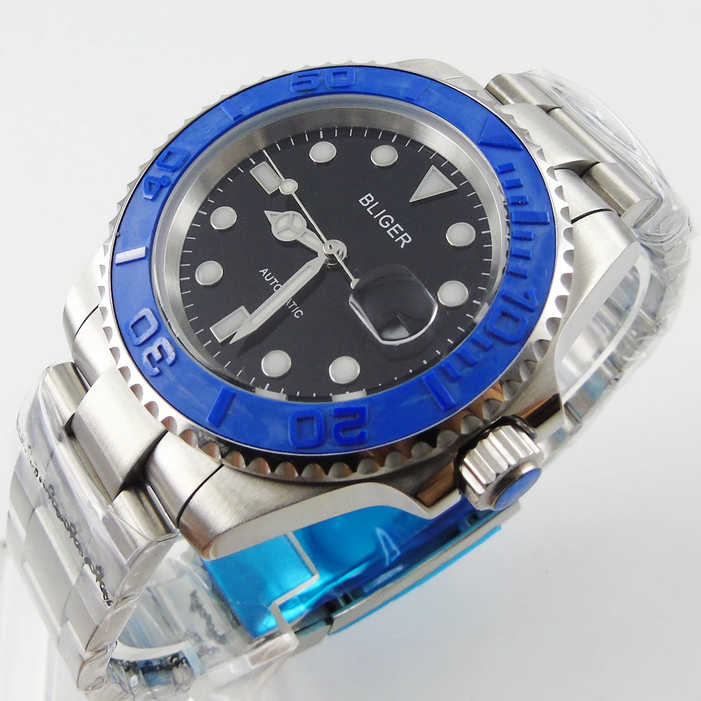 

Bliger 40mm black dial date blue Ceramic Bezel saphire glass Automatic movement Men's watch