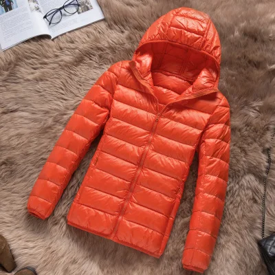 ORANGE hooded Новинка, женский ультра легкий пуховик с капюшоном, зимний походный пуховик на утином пуху, приталенное пальто на молнии с длинным рукавом, теплое пальто - Цвет: ORANGE hooded