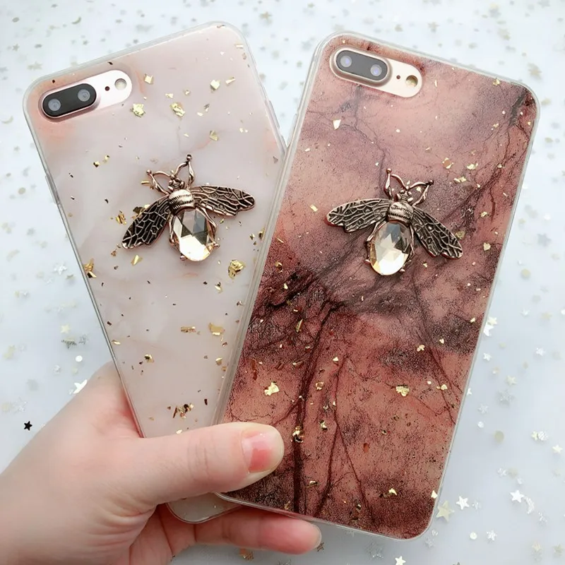 Блестящий 3D чехол с Пчелкой и мраморным рисунком для iPhone 12 mini 11 Pro X XS XR Max глянцевый