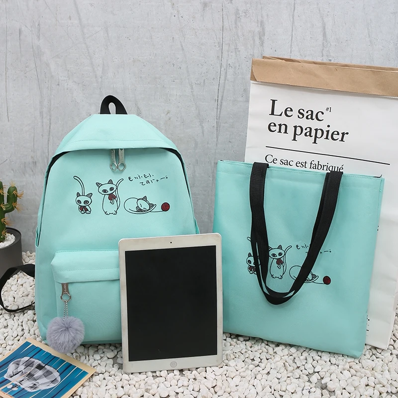 4Pcs/Set Travel Casual Oxford Letter Backpack Preppy Style Cute School Bags For Teenage Girls Women Cat Book Bag Rucksack Dame