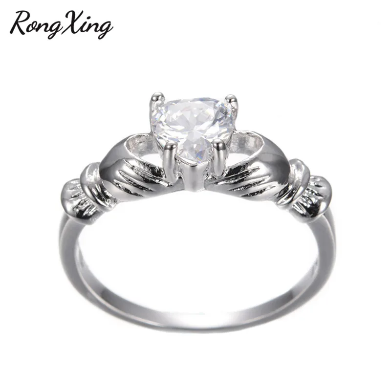 RongXing новое ирландское кельтское Корона сердце Claddagh свадебное предобручальное кольцо для женщин белое золото заполненный красочный Циркон кольцо RW1098