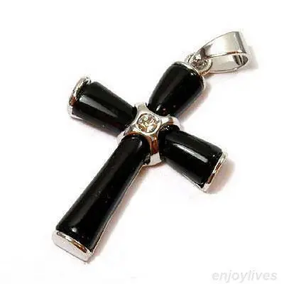 Подвеска с крестом из натурального черного нефрита кристаллом + ожерелье |