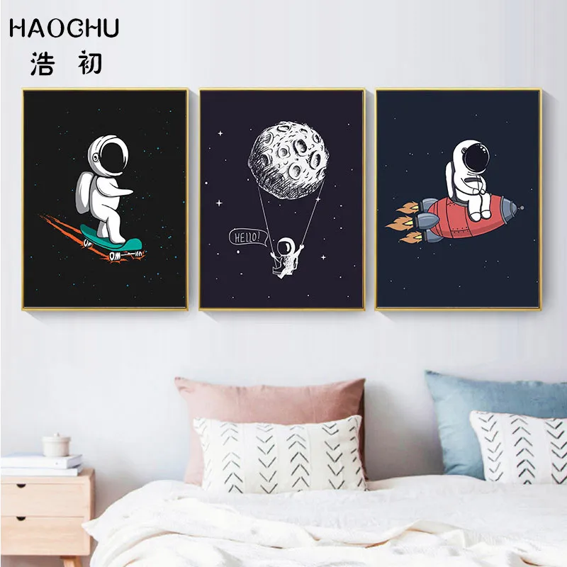 HAOCHU космическая сцена Луна печать рисунка картина на черном холсте для мальчиков