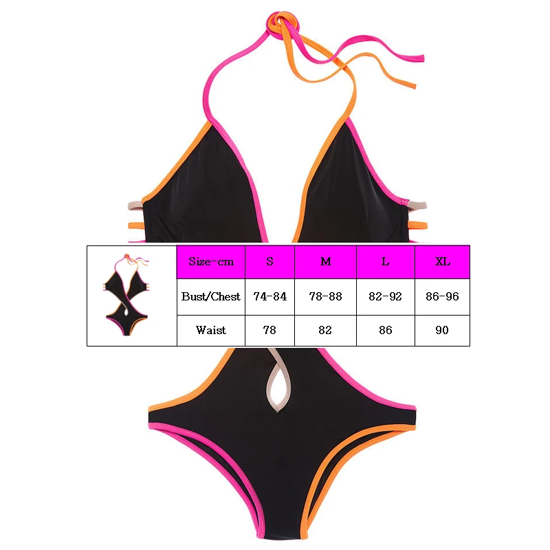 2016 Summer Brazilian New Sexy Halter Swimsuit One Piece Stitching Color Backless Women Drawstring Beach Bathing suit | Спорт и