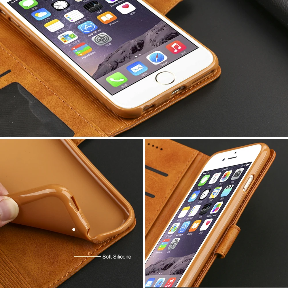Роскошный кожаный флип чехол для iPhone 6 6s плюс Чехол Мягкий силиконовый держатель