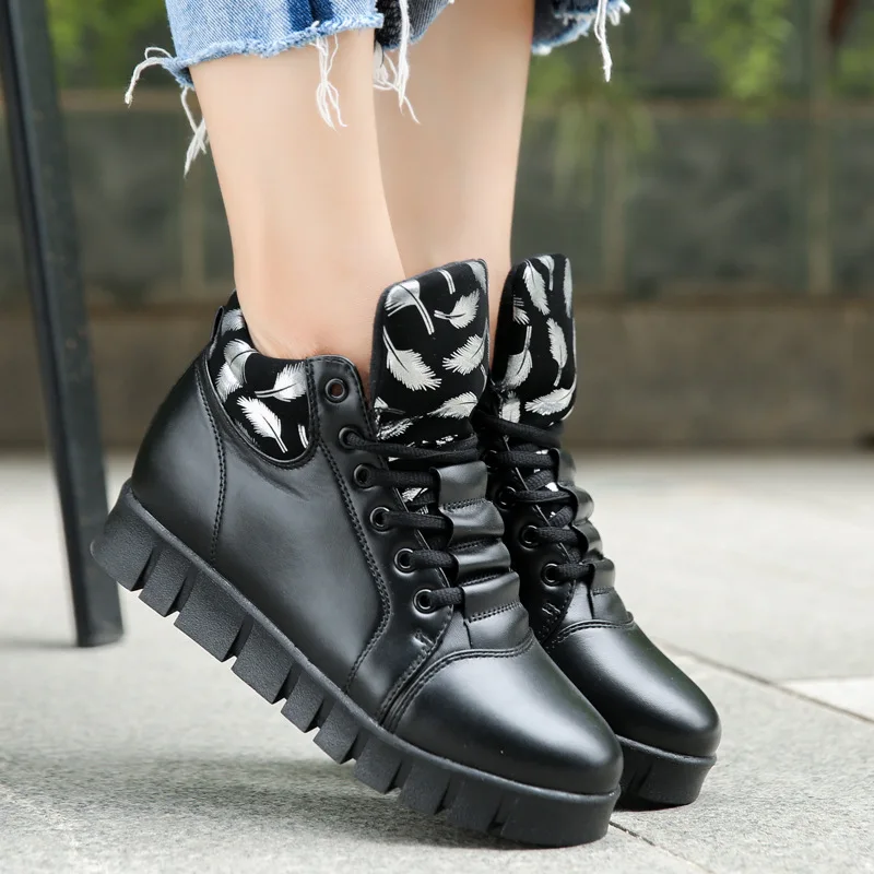 Black Patent Leather Ankle Boots For Women Lace Up Platform Winter Warm Plush Street Style Shoes | Обувь