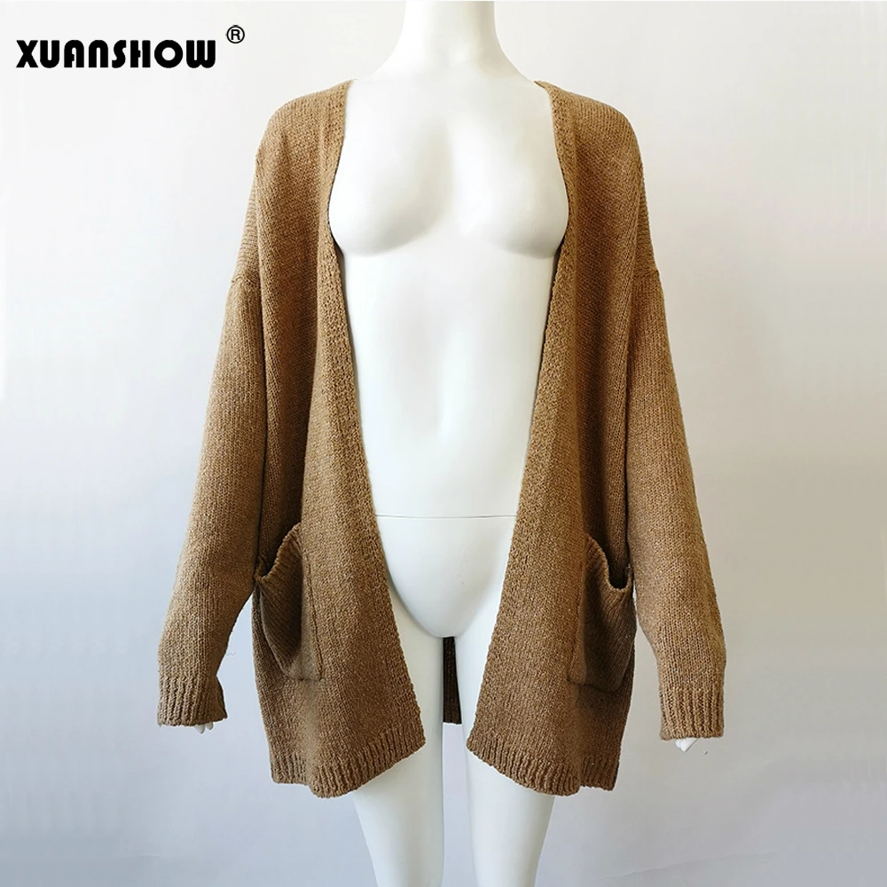 XUANSHOW Sueter Mujer Invierno осенний Однотонный женский длинный кардиган, хлопковый Свободный вязаный свитер с открытой строчкой размера плюс 5XL