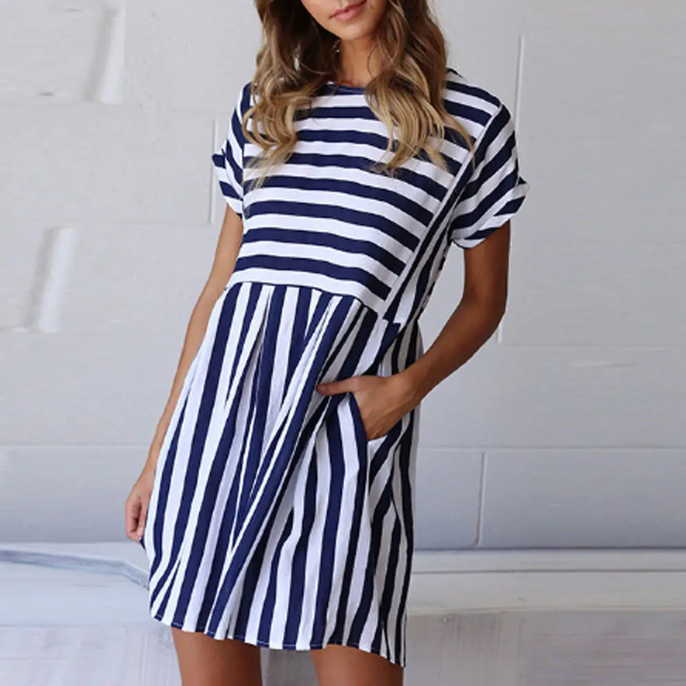 YANDW женское летнее платье свободное Полосатое с коротким рукавом и круглым