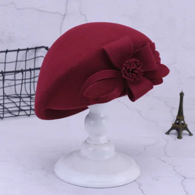 wine red Новинка, шерстяной берет, Зимние береты для женщин, зимний фетровый берет, Цветочный, женский, фетровый, французский берет, шапочка, фетровая шапка, зимняя шапочка с цветами - Цвет: wine red