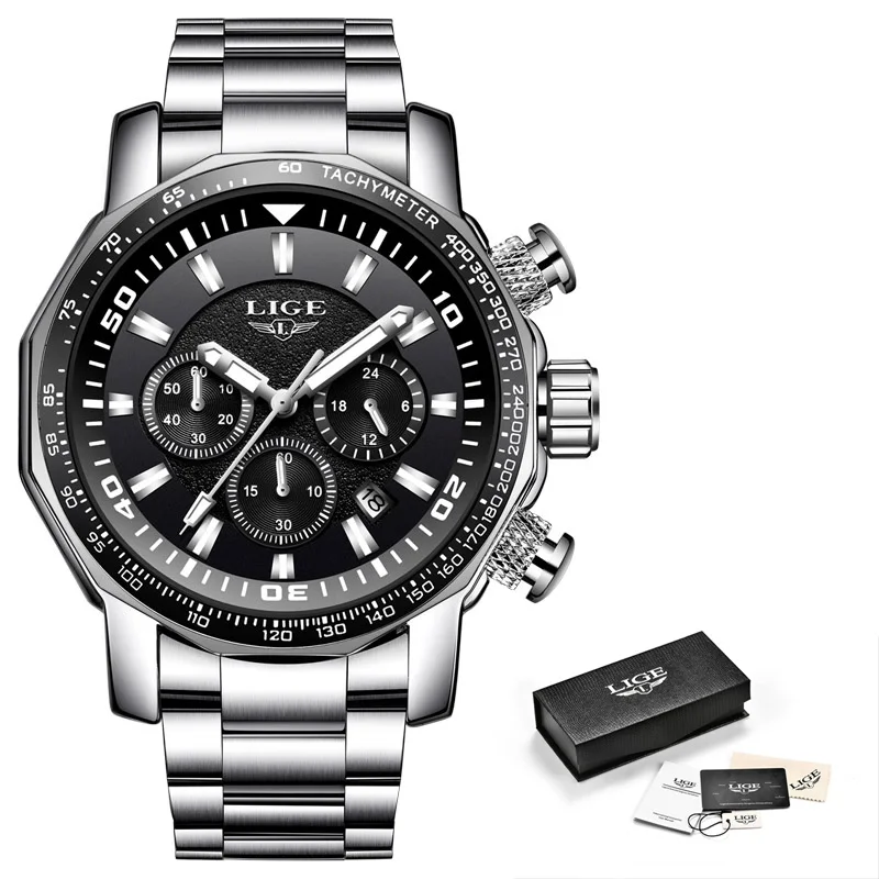 Silver black LIGE Мужские часы от ведущего бренда, роскошные модные кварцевые часы, мужские водонепроницаемые часы с большим циферблатом, мужские военные спортивные часы Erkek Kol Saati - Цвет: Silver black