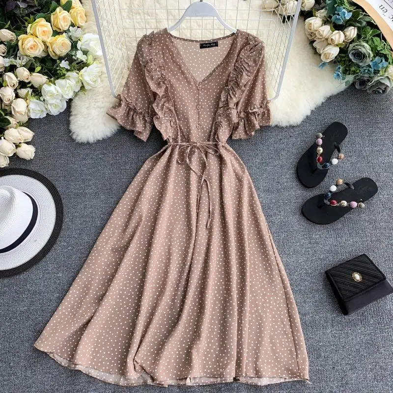 2019 новые модные женские платья Французский Ретро в горошек с v образным вырезом