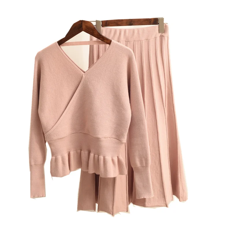 

fashion Women's Sets knitted Suit Autumn winter V-Neck knitting sweater long sleeve pullover + pleated skirt Two-piece suit Sets