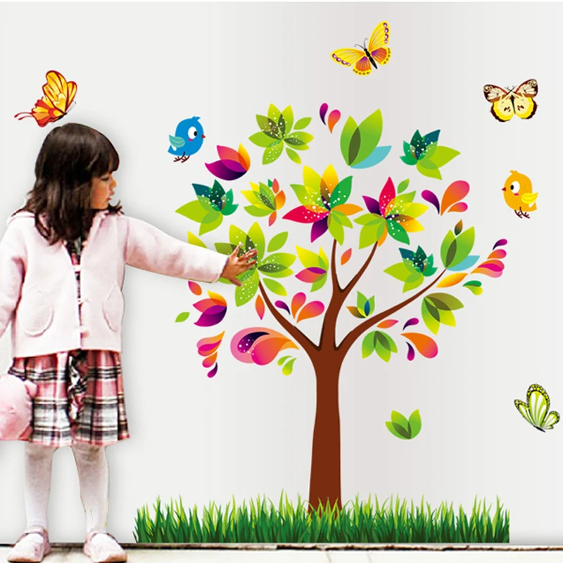 Cute colorful tree wall sticker for kids room removablle children bedroom butterfly decal | Дом и сад