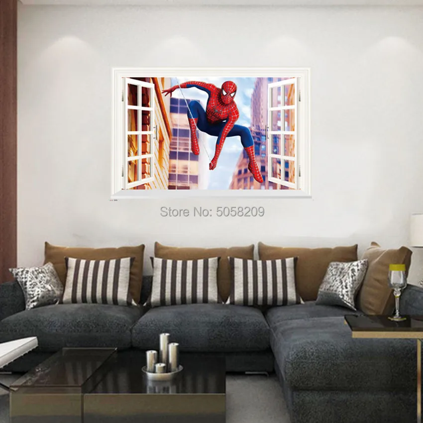 Фильм Мстители постер Супер Герои 3d поддельные окна стены художественные виниловые наклейки для детской комнаты украшения marvel обои 90*60 см