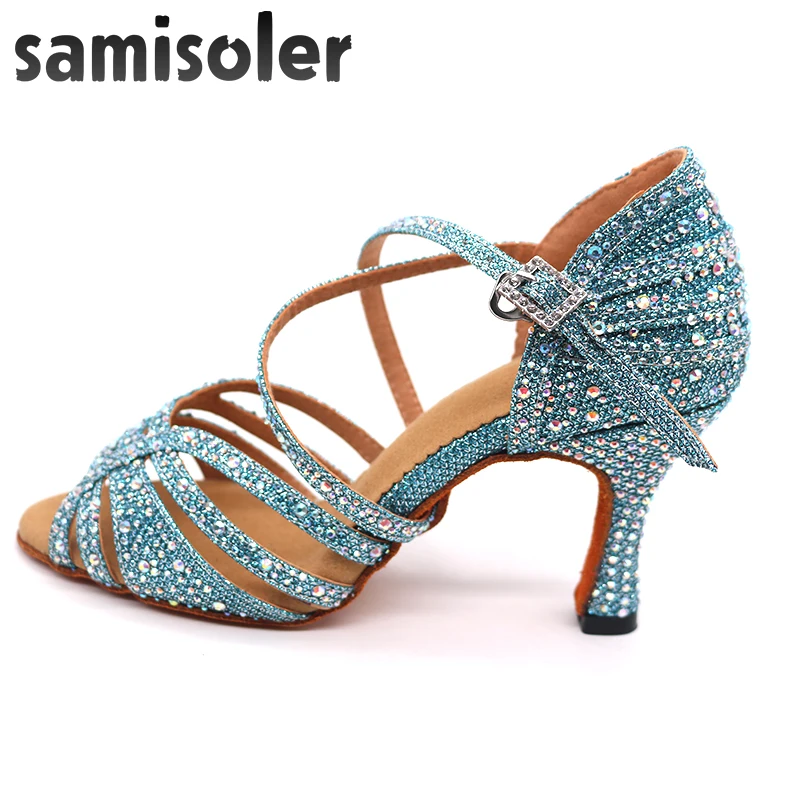 Samisoler/Синие стразы; Обувь для бальных танцев; женская обувь для сальсы; Женская Профессиональная Обувь для танго; обувь для латинских танцев; стильная обувь на высоком каблуке