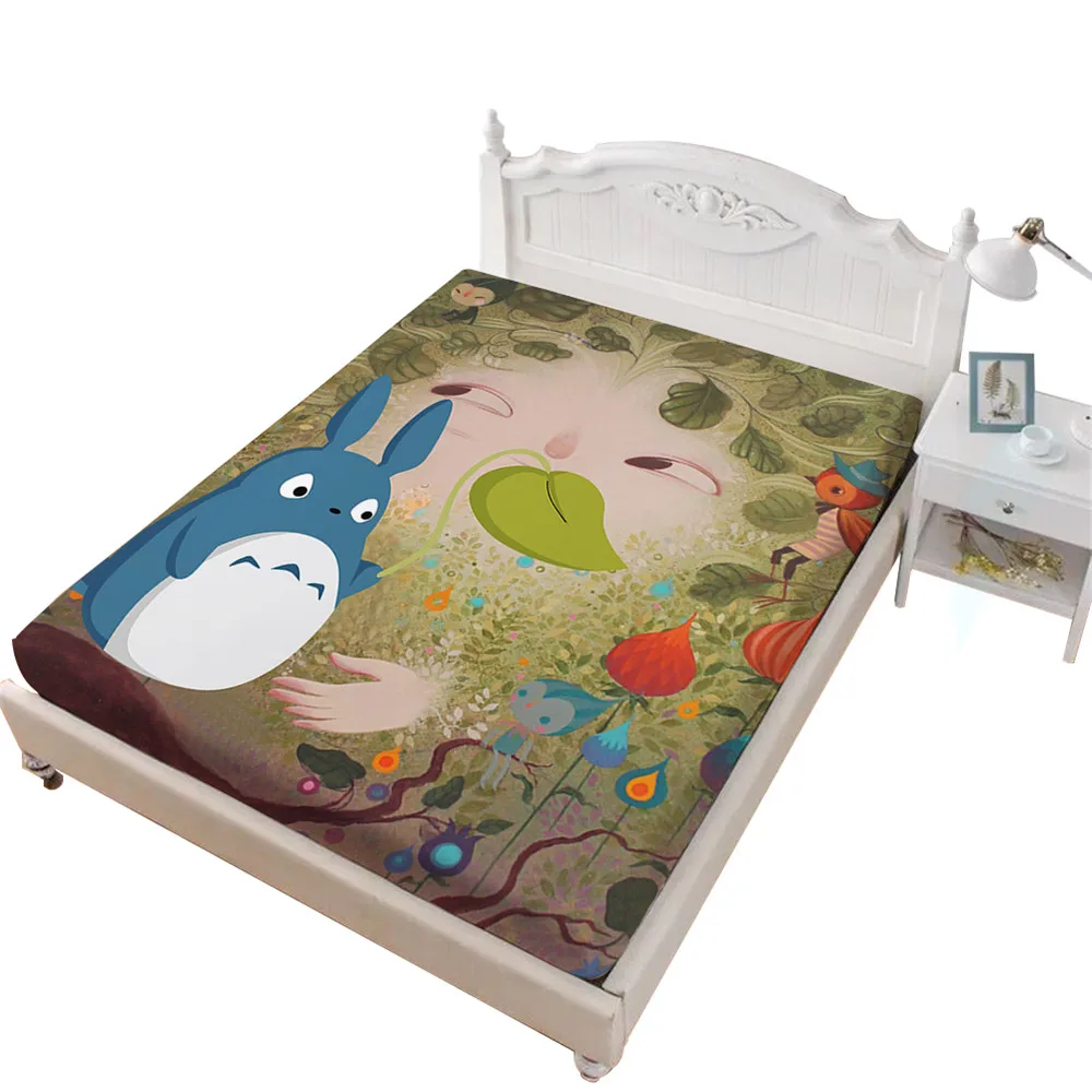 DCL-AS143 Симпатичная кровать totoro, простыня с рисунком из мультфильма, зеленые листья, растительный принт, простыня для близнецов, полный размер, постельное белье, детское постельное белье с глубоким карманом, D45 - Цвет: DCL-AS143