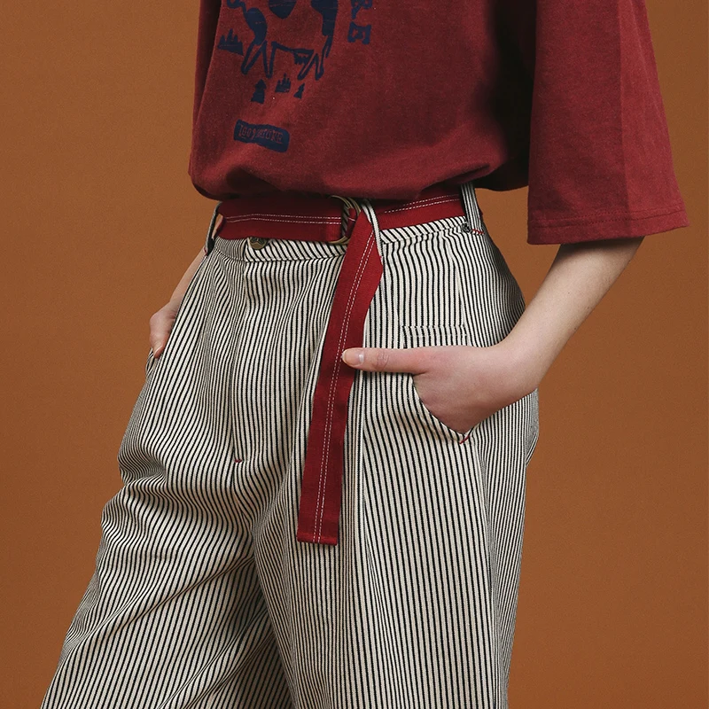 Свободные хлопковые брюки в полоску с красным поясом длиной до щиколотки|wide leg
