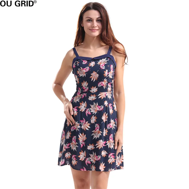 Женские синие короткое платье Лето Тонкий элегантный Цветочный Принт без