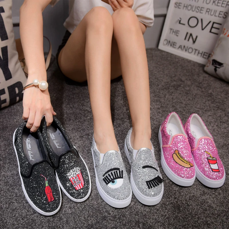 Модные женские туфли на плоской подошве из расшитой блестками ткани с круглым