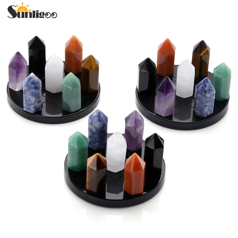 

Sunligoo 7 Chakra Natural Healing Crystal Points 6 Faceted Wand Polished Tumbled Gemstone Reiki Yoga Energy Meditation Decor Set