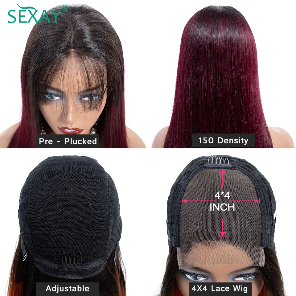 SEXAY 4x4 кружева закрытие парик 1b/99j бордовый эффектом деграде(переход от темного к парики из натуральных волос для Для женщин 150 Плотность перуанский прямые Закрытие парик из натуральных волос
