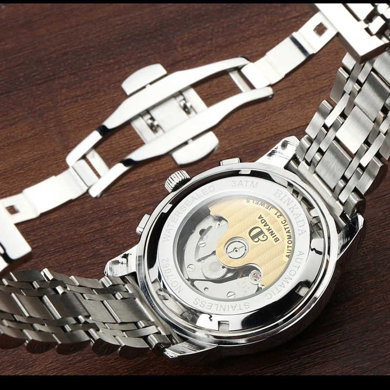 BINKADA automatic Tourbillon часы для мужчин день Дата Полный календарь нержавеющая сталь