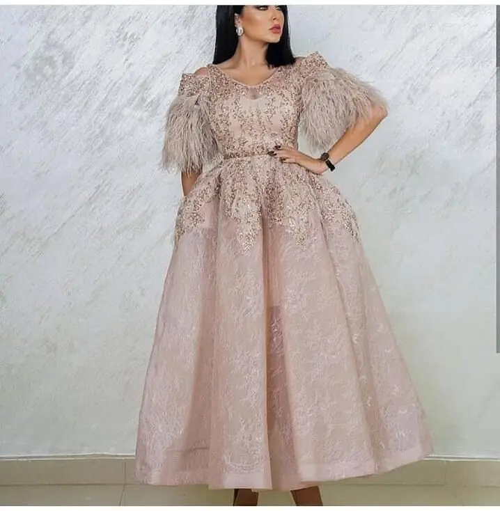 

New Arrival Vestidos De Formature V Neck Beaded Heavily Top Short Sleeve Feather Lace Ankle Length Prom Dresses