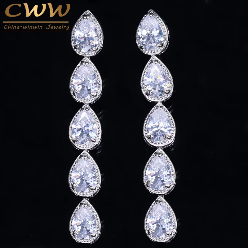 CWWZircons Gorgeous Trendy Silver Color Long Cubic Zirconia Dangling Water Drop Earrings for Women Evening Party Jewelry CZ170