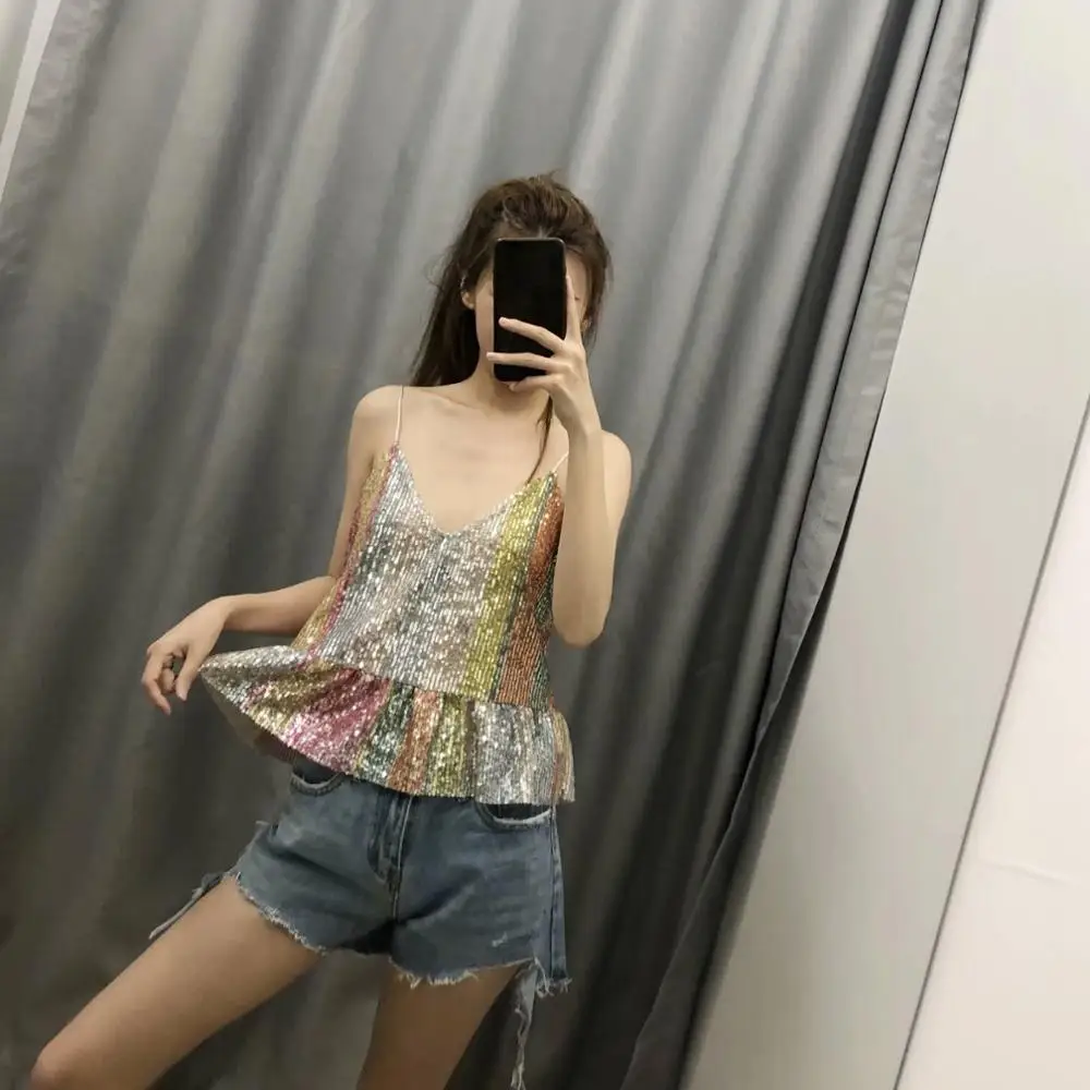 WHITNEY WANG 2019 летняя модная уличная одежда цвета контрастные блестки Camis женская